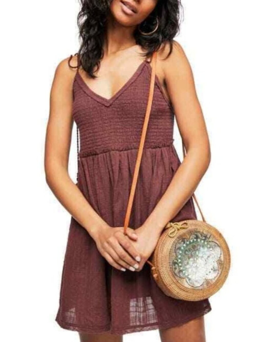 Free People Endless Summer Sun Drenched Mini Dress Size XS Purple V-Neck Smocked